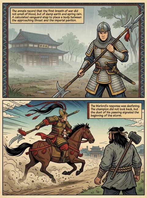 A woodcut comic page — ancient-Chinese warriors portraying Gates vs. Carlsen